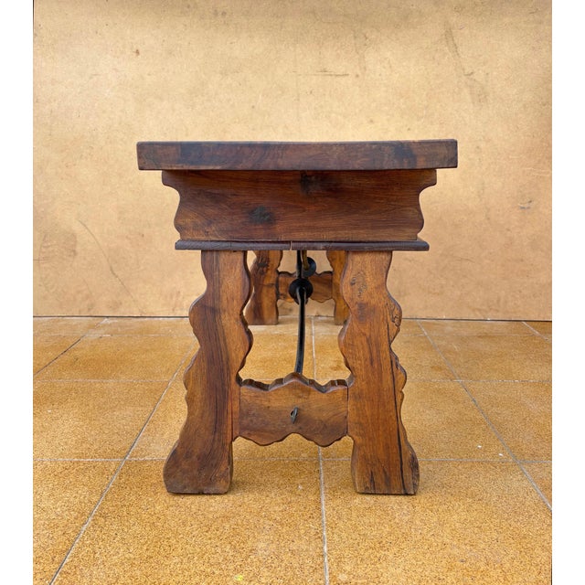 Wood 1930s Low Rustic Walnut Console Table with Two Drawers and Iron Stretcher For Sale - Image 7 of 9