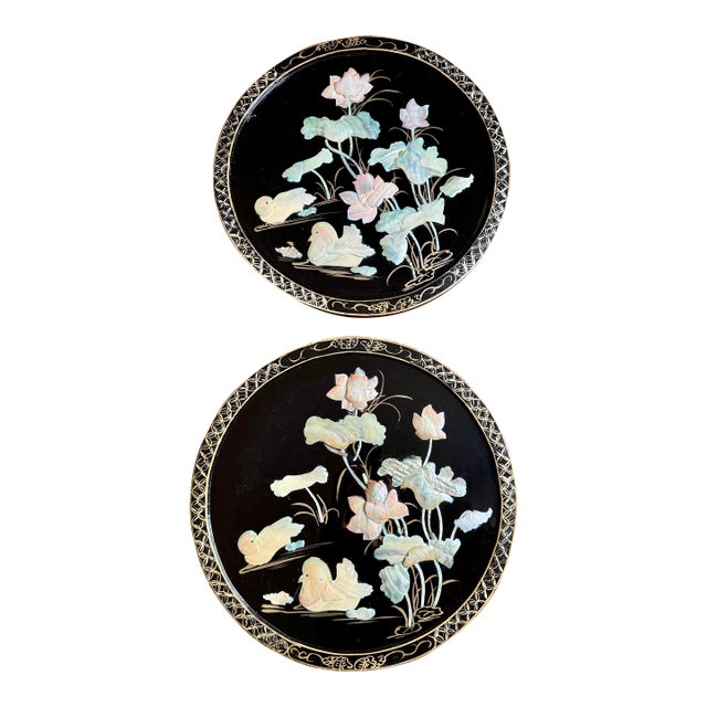 Black Chinoiserie Round Wall Art/Plaques With Mother of Pearl Inlay- A Pair For Sale