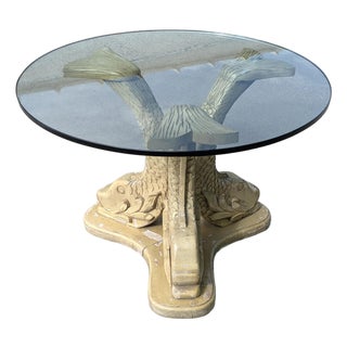 Vintage Hollywood Regency Carved Wood Koi Table For Sale