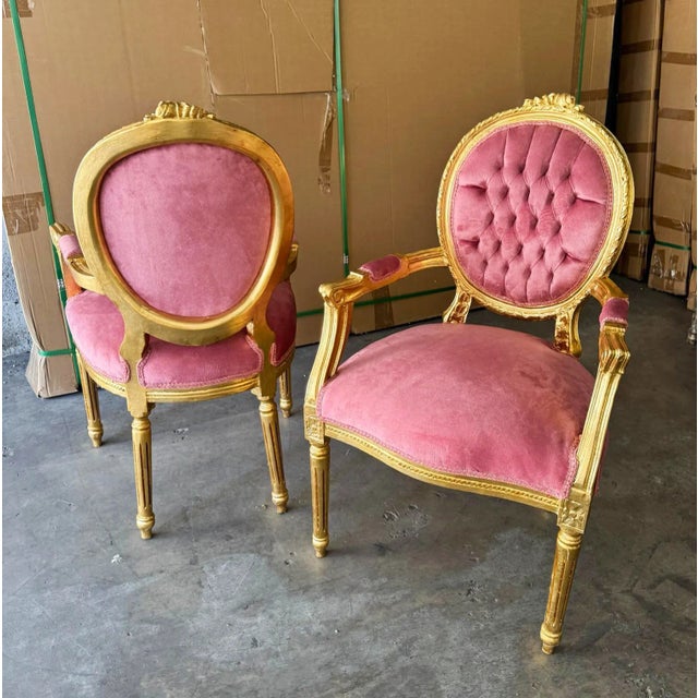 Pink Velvet Chair French Style Tufted With Gold Details - Set of 2 For Sale - Image 4 of 7