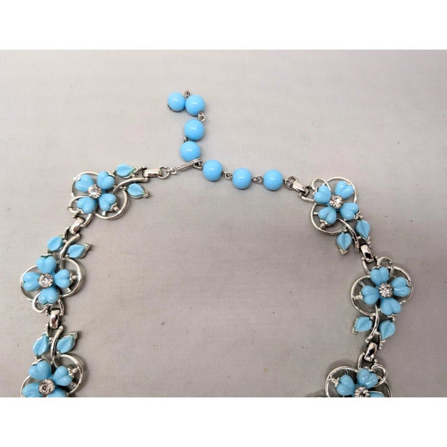Vintage Signed Kramer Blue Flowers & Clear Rhinestone Necklace, Vogue 1955 For Sale - Image 10 of 11