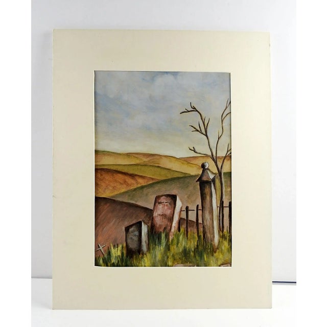 Circa 1930's oil on cardboard Modernist landscape featuring an old graveyard. Not signed, painted on an old theater...