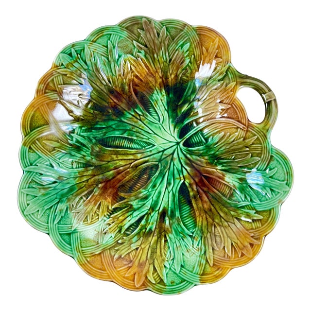 Josiah Wedgwood Majolica Multi-Color Leaf on Basket Handled Platter For Sale