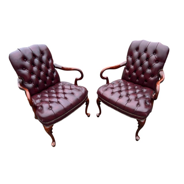 Wood Late 20th Century Pair Red Chesterfield Tufted Leather Gooseneck Library Armchairs For Sale - Image 7 of 15