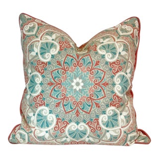 Vintage Coastal Mediterranean Cotton Decorative Pillow, Feather Down Insert, Indoor/Outdoor For Sale