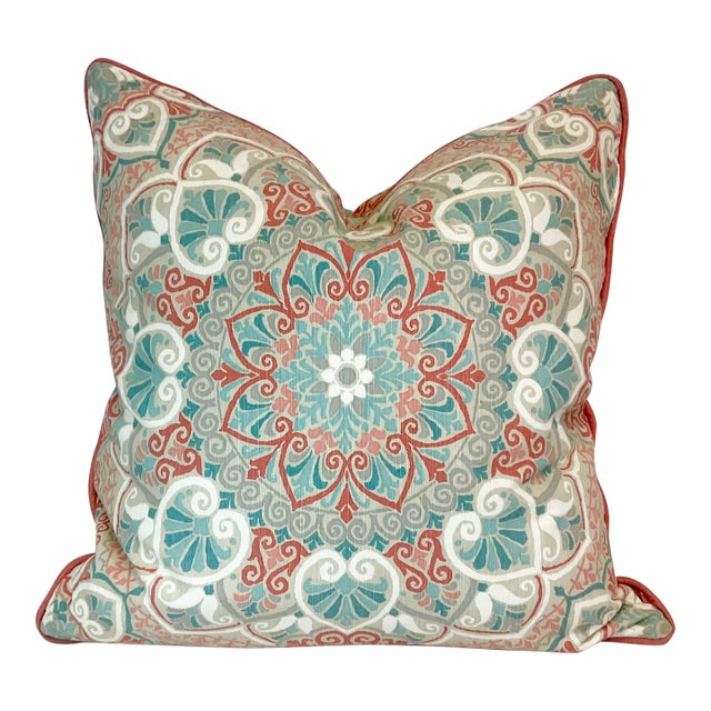 Vintage Coastal Mediterranean Cotton Decorative Pillow, Feather Down Insert, Indoor/Outdoor For Sale