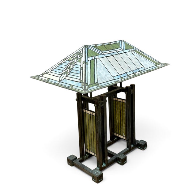 Green 1980s Dale Tiffany Studios Frank Lloyd Wright Mission Style Stained Glass Table Lamp For Sale - Image 8 of 10