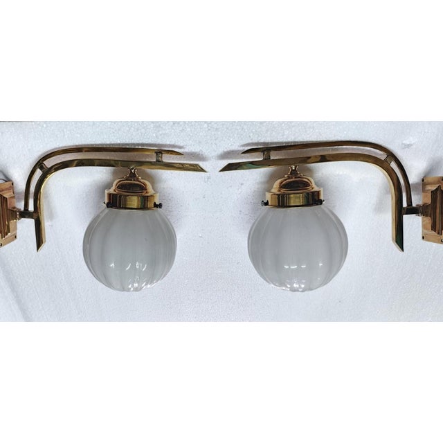 1940s Vintage Art Deco Light Old Lamp Wall Sconces Fixture Brass & Ribbed Milk Glass Shade Ship Light - a Pair For Sale - Image 5 of 5