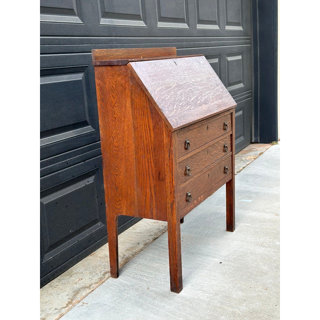 Antique Early 20th Century Quarter Sawn Oak Drop Front Secretary With Drawers - Solid Wood Accent Chest With Ring Pulls For Sale - Image 9 of 17