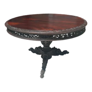 Vintage Chinese 51" Round Pedestal Table Phoenix Dragon Motif Tri-Leg Base