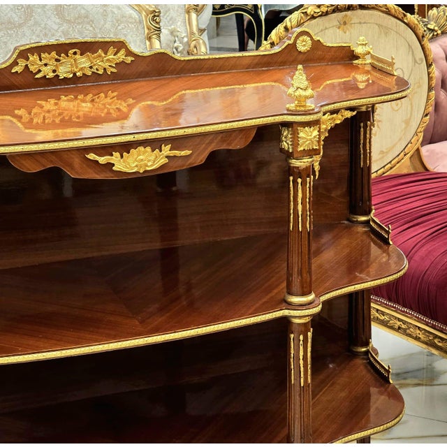 Luxury French Open Console Table With Hand-Gilded Gold Leaf Details & Solid Wood Shelving For Sale - Image 4 of 5