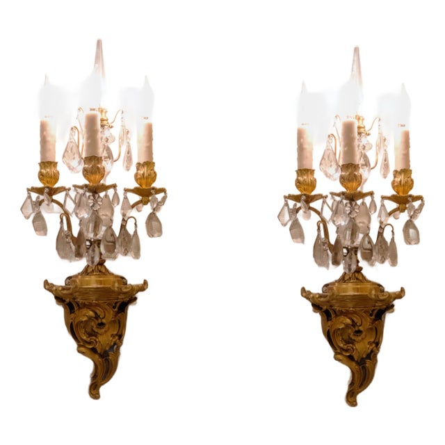 Pair of Vintage 19th Century Gold Gilt Bronze Lighted Wall Sconces For Sale