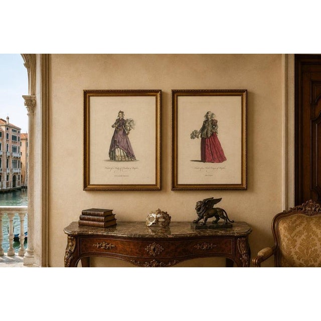 Italian Noblewomen Costume Engravings from Naples, Hand-Colored, 1749 A refined and highly decorative pair of mid-18th...