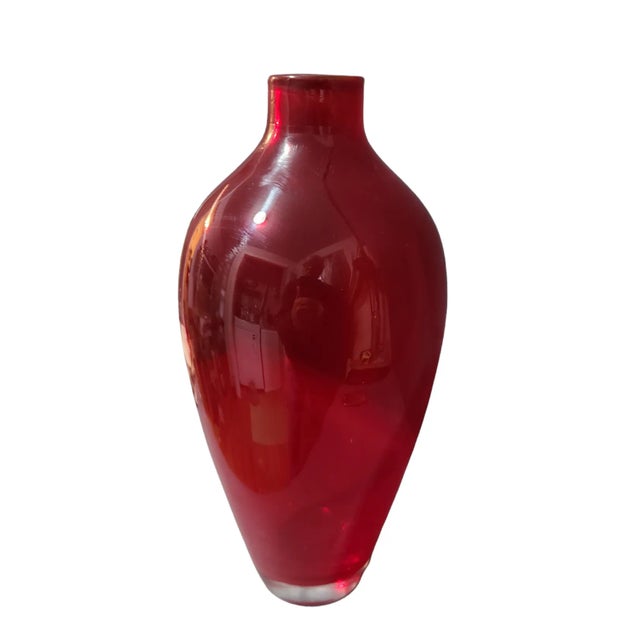 Mid-Century-Modern Ruby Red Hand-Blown Studio Art Glass Vase For Sale - Image 9 of 9