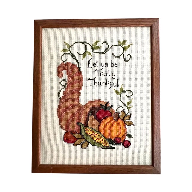 1960s Vintage Thanksgiving Harvest Cornucopia Needlepoint Folk Art Print Piece For Sale - Image 4 of 5