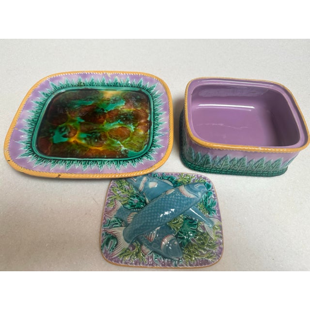 George jones majolica sardine rectangular three piece serving set consisting of a fitted underplate, an open box container...
