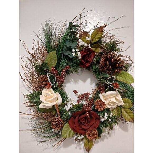Wood Elegant Victorian Roses Winter Door Wreath Holiday Decor Christmas Arrangement‎ For Sale - Image 7 of 12