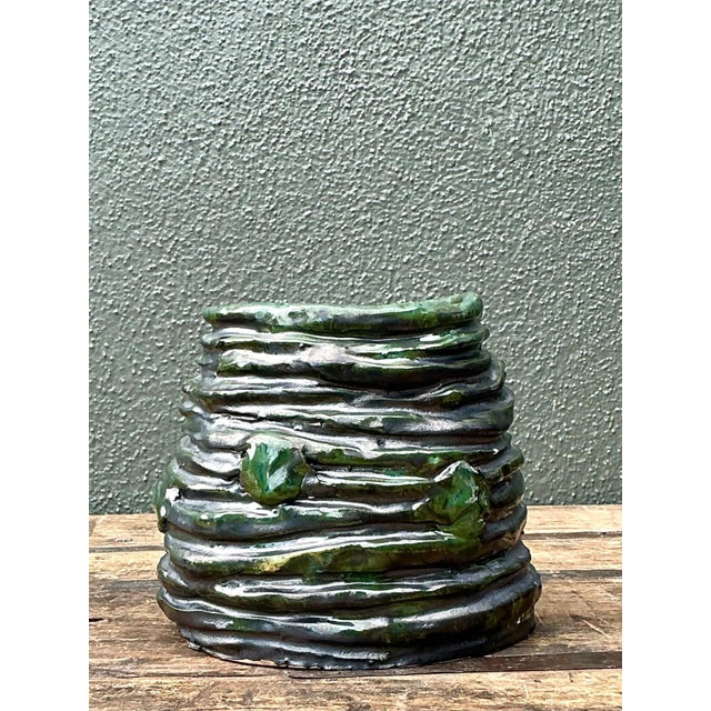 Mid-Century Modern Vintage Abstract Green Glazed Ceramic Vase For Sale - Image 3 of 13