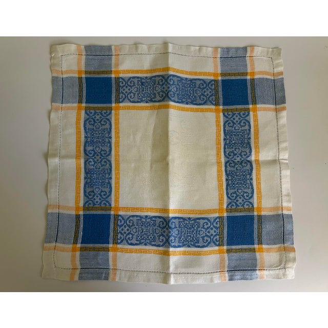 Vintage European Linen Napkins, Blue & Mustard Jacquard Plaid With Damask Border, Hemstitched - Set of 6 For Sale - Image 9 of 12