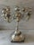 Vintage silver plate candelabra with 8 arms and a central ninth holder featuring an ornate square stepped base and floral...