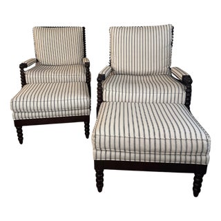 Two Shiloh Spool Chairs and Matching Ottomans by Ballard Designs With Hardwood Frames For Sale