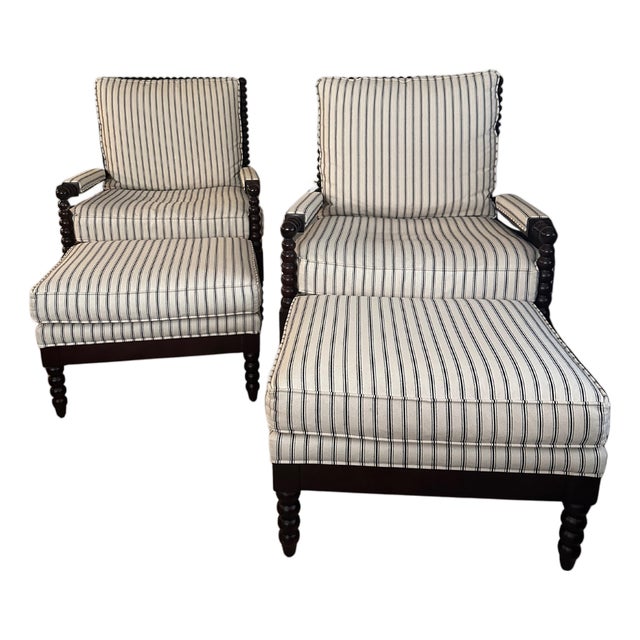 Two Shiloh Spool Chairs and Matching Ottomans by Ballard Designs With Hardwood Frames For Sale