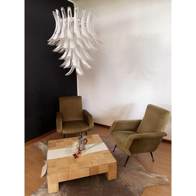 Huge and rare Italian vintage Murano chandelier made by 52 big glass petals (transparent and white “lattimo”) in a chrome...