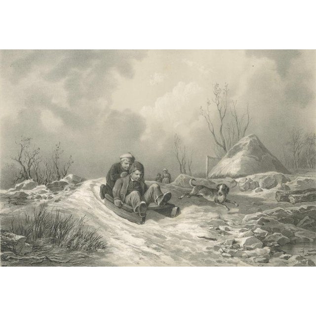Pehr Wickenberg, Swedish Winter, Children Sledding, 1850, Lithograph For Sale - Image 4 of 9