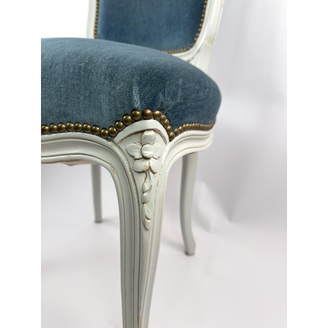 French Vintage Louis XV Style Painted Wood Chair With Blue Velvet Upholstery For Sale - Image 3 of 16