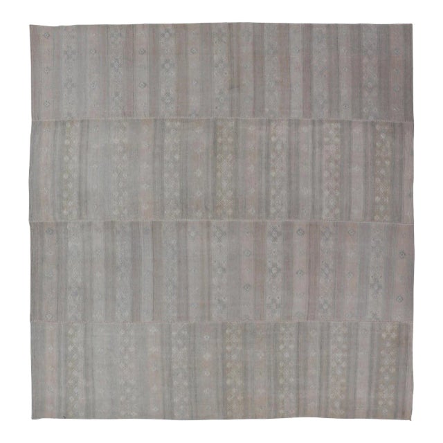 Vintage Turkish Square Kilim Rug in Soft Pastel Tones With Intricate Patterns 11'0 X 12'0 For Sale