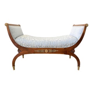 Vintage John Widdicomb Neoclassical Curule Window Seat Bench With Brass Mounts and Silk Upholstery For Sale