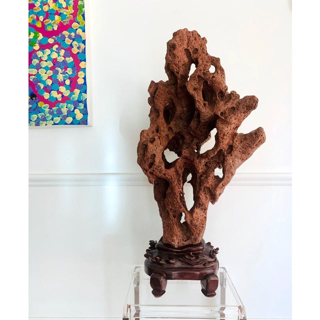Wood Large Chinese Scholar Stone Rare Red Taihu Rock on Display Stand For Sale - Image 7 of 15