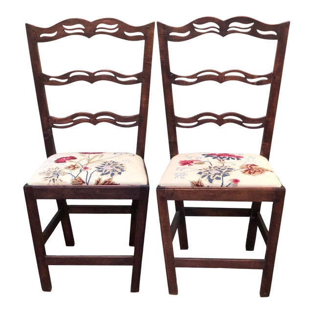 Pair Peg Antique Chippendale Ribbon Back Pierced Ladder Back Chairs Needlepoint Seats Stunning See Photos For Sale