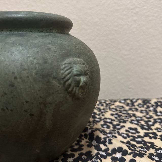 Antique Bronze-Inspired Ceramic Vase – Weathered Patina Vase With Lion Crest For Sale - Image 10 of 10