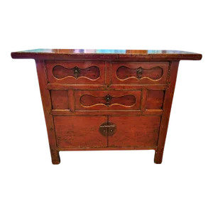 Antique Chinese Red Three Drawer, Two Door Cabinet Buffet