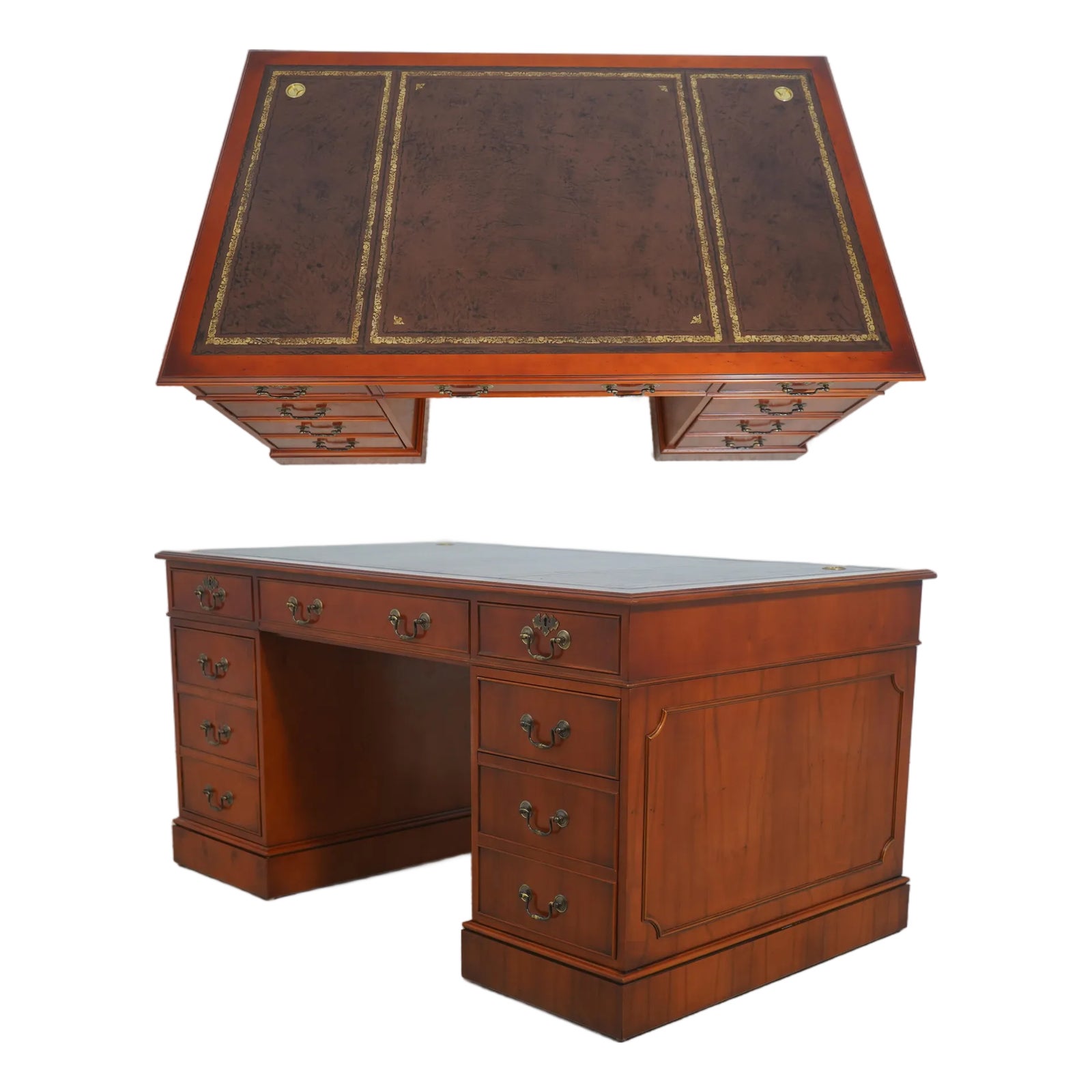 English Yew Wood Brown Leather Top 3 Part Desk | Chairish