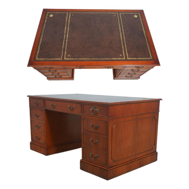 English Yew Wood Brown Leather Top 3 Part Desk For Sale