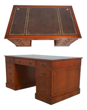 English Yew Wood Brown Leather Top 3 Part Desk
