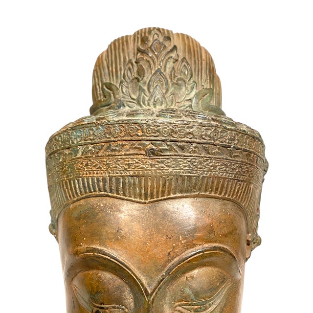 Thai Bronze Buddha Head Statue Vintage Ayutthaya Style Bust Sculpture Decor For Sale - Image 4 of 18