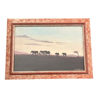 1980’s Original Daniel Njoroge African Desert Elephant Pride Scene Painting Kenya Signed Framed For Sale