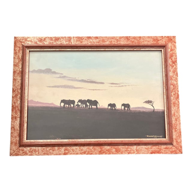 1980’s Original Daniel Njoroge African Desert Elephant Pride Scene Painting Kenya Signed Framed For Sale