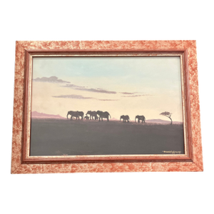 1980’s Original Daniel Njoroge African Desert Elephant Pride Scene Painting Kenya Signed Framed