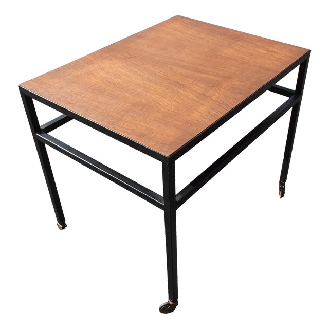 Vintage Teak and Black Lacquered Metal Rolling Table, 1960s For Sale