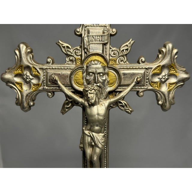 French Antique French Altar Crucifix: Jesus Christ, Holy Trinity, Gospels c. 1900 For Sale - Image 3 of 10