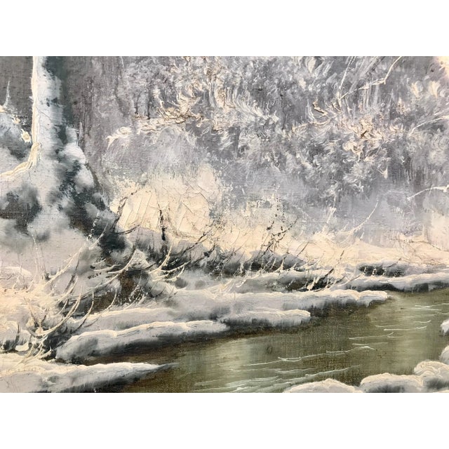 Vintage 20th Century Painting of a Hungarian Winter Wonderland Forest River Snow Scene, Circa 1925 For Sale - Image 10 of 12