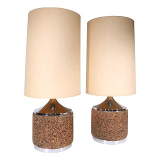 Mid 20th Century Danish Modern Cork and Chrome Table Lamps With Original Shades - Pair For Sale
