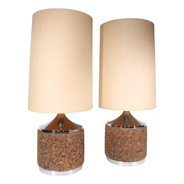 Mid 20th Century Danish Modern Cork and Chrome Table Lamps With Original Shades - Pair For Sale