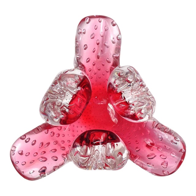 Murano Seguso Vetri d'Arte Cranberry Red Sommerso Bubbles Italian Art Deco Glass Vintage Cigar Ashtray Bowl For Sale