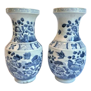 Contemporary Chinoiserie Porcelain Blue & White Aviary Vases - a Pair
