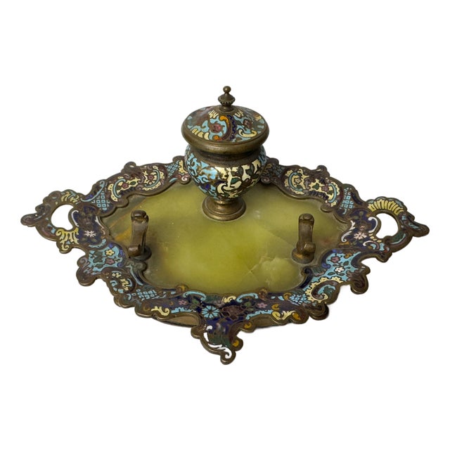 French Napoleon III Champlevé Enamel Inkwell on Tray, 1800s For Sale